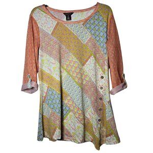 Multiples‎ Womens Asymmetric Mesh Sleeve Top Size Medium Patchwork Stretch Boho